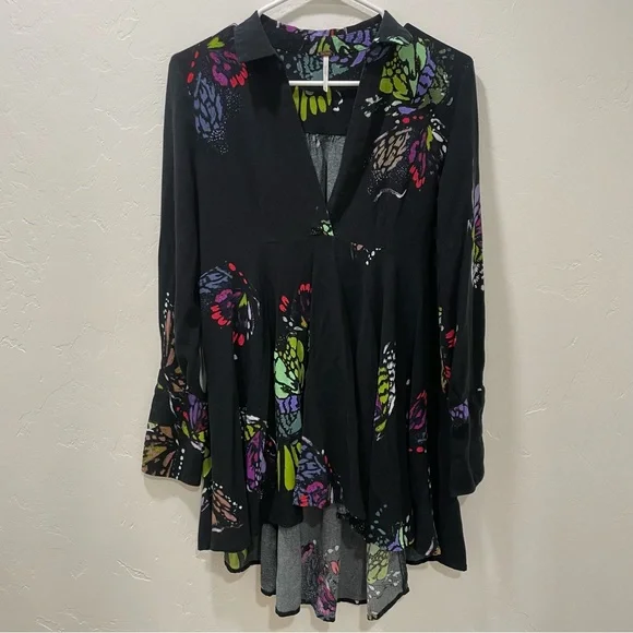 Free People Medium Field of Butterflies Tunic Dress Top High Low Black - Picture 7 of 16